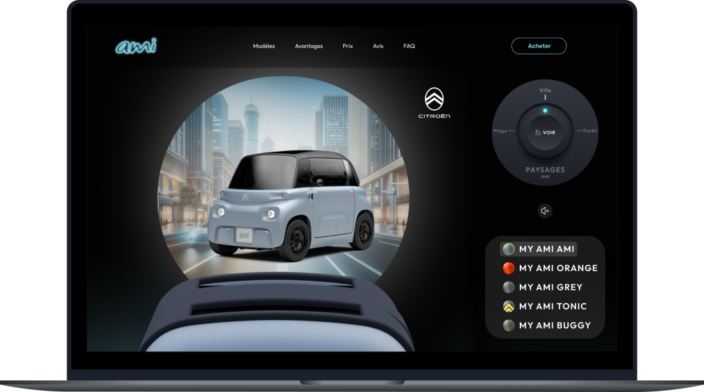 Le header interactif : la voiture sort du grille-pain au changement de couleur, possibilité de changer l'arrière plan