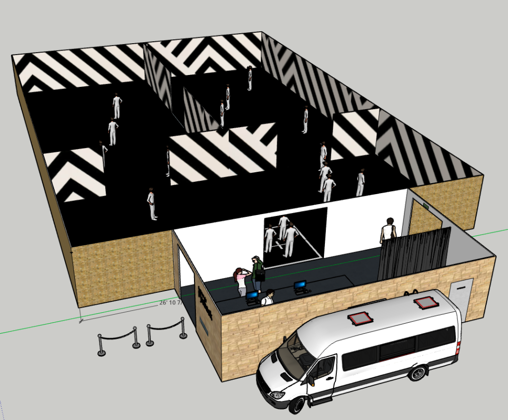Vue 3D de l'entrée de la structure et du camion technique